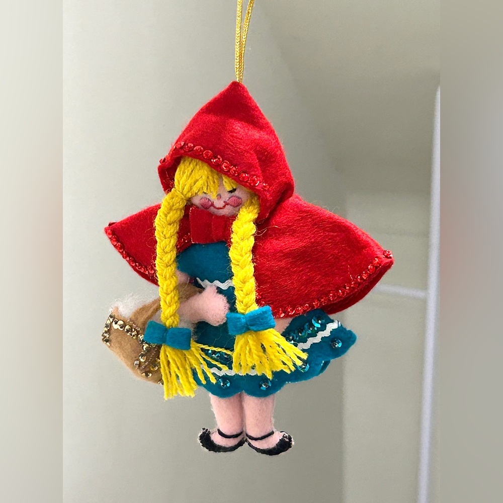 Mid Century Vintage Hand Crafted Sequined Little Red Riding Hood Xmas Ornament